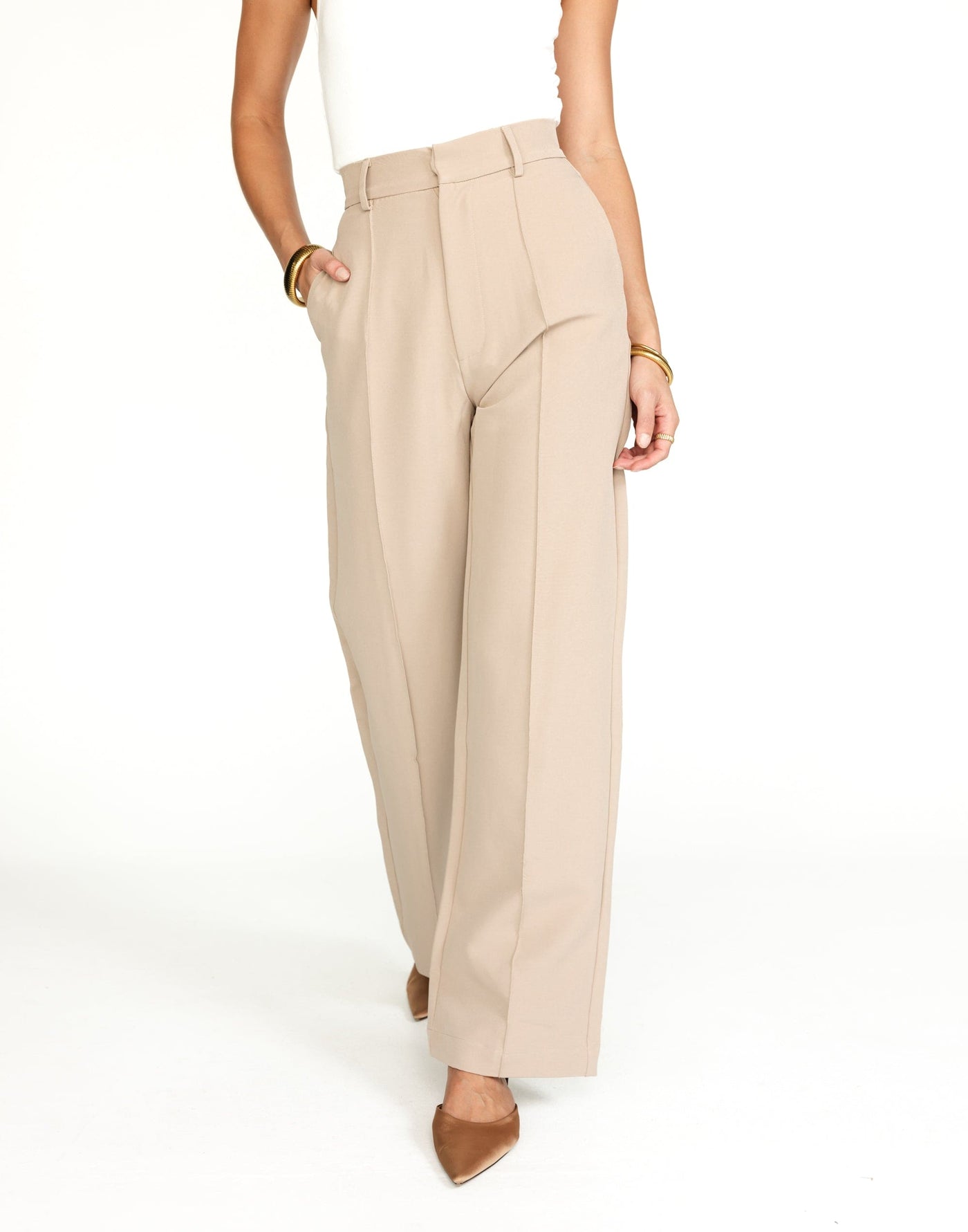 Colden Pants (Beige) - High Waisted Pleat Detail Pants - Women's Pants - Charcoal Clothing