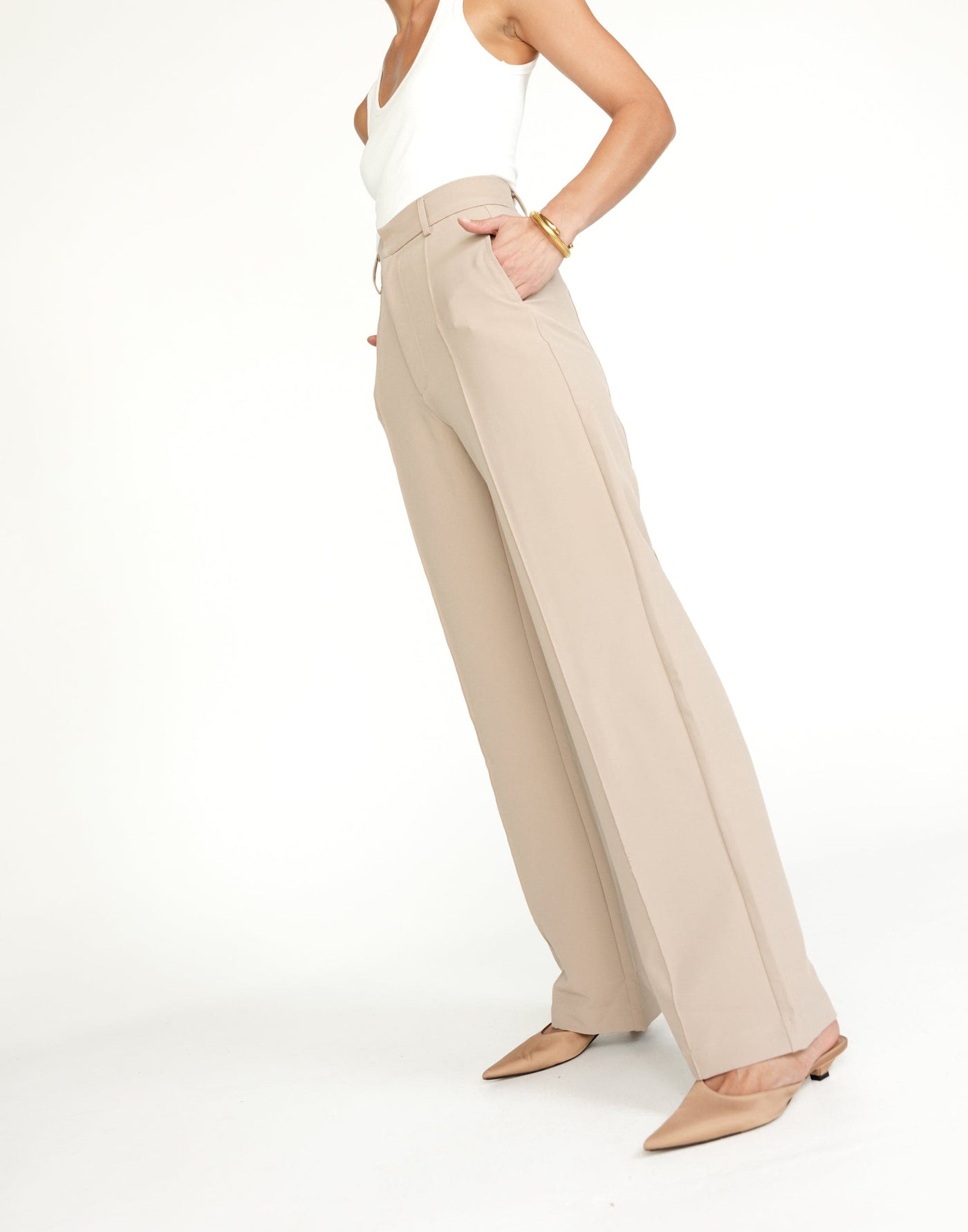 Colden Pants (Beige) - High Waisted Pleat Detail Pants - Women's Pants - Charcoal Clothing