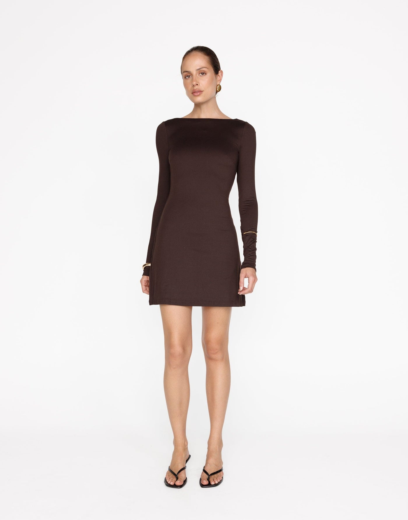 Kimber Mini Dress (Chocolate) | CHARCOAL Exclusive - Low Back Bodycon Flared Long Sleeve Mini Dress - Women's Dress - Charcoal Clothing