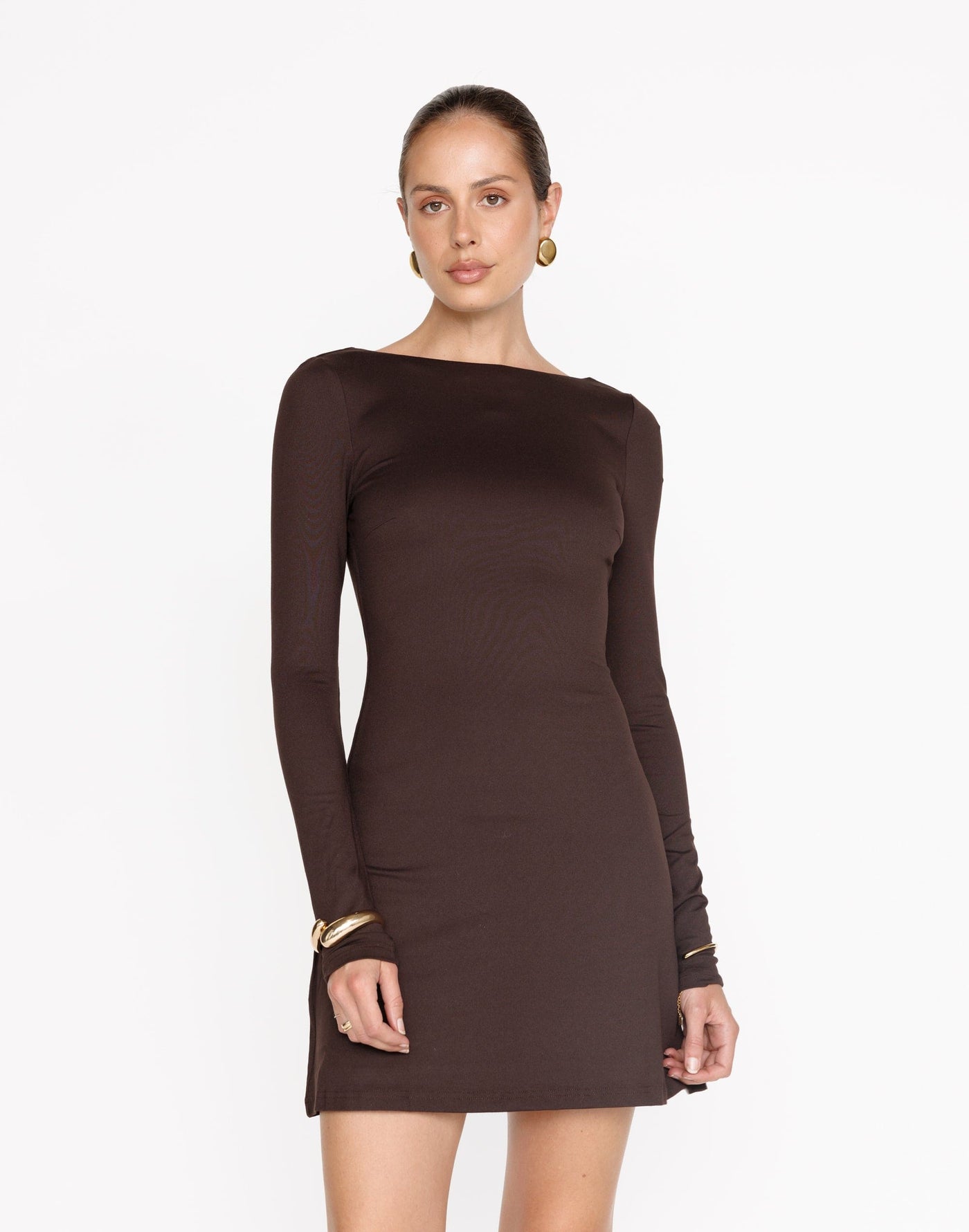 Kimber Mini Dress (Chocolate) | CHARCOAL Exclusive - Low Back Bodycon Flared Long Sleeve Mini Dress - Women's Dress - Charcoal Clothing