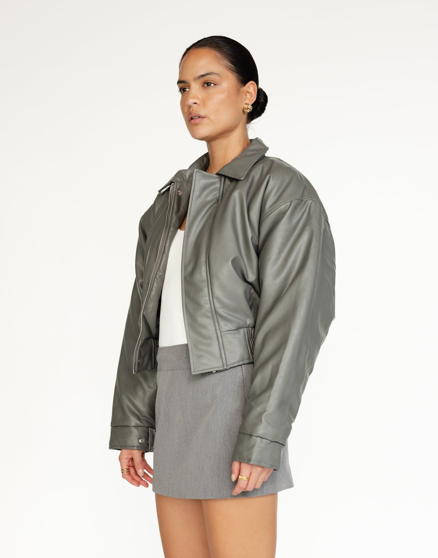 Paloma Bomber Jacket (Slate) | CHARCOAL Exclusive - Cropped Collared Lined Faux Leather Bomber Jacket - Women's Top - Charcoal Clothing