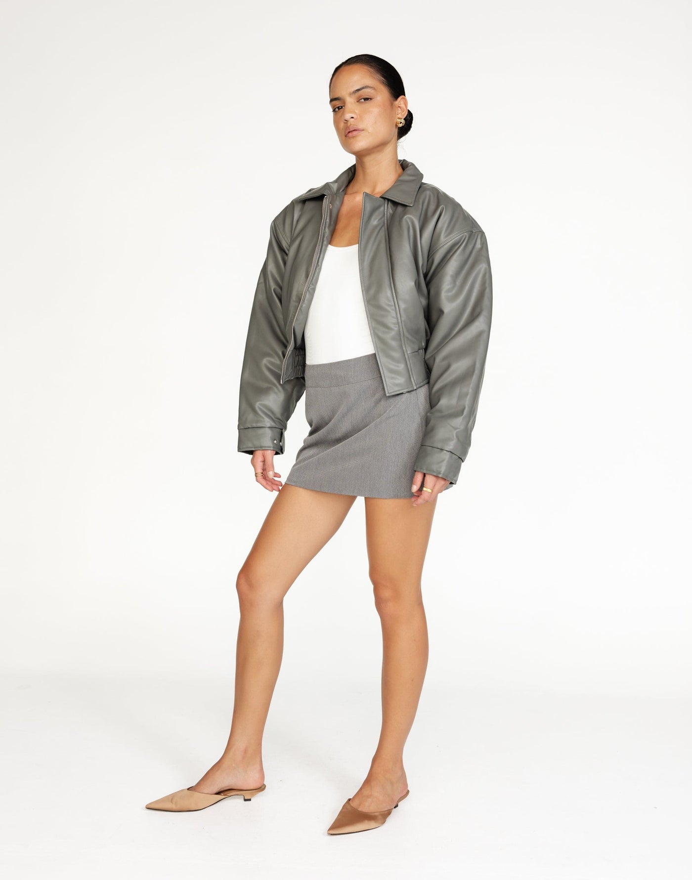 Paloma Bomber Jacket (Slate) | CHARCOAL Exclusive - Cropped Collared Lined Faux Leather Bomber Jacket - Women's Top - Charcoal Clothing