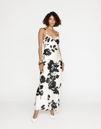 Zaya Maxi Dress (Noir Bloom) | CHARCOAL Exclusive - Black Floral Print V-neck Maxi on Cream Satin - Women's Dress - Charcoal Clothing