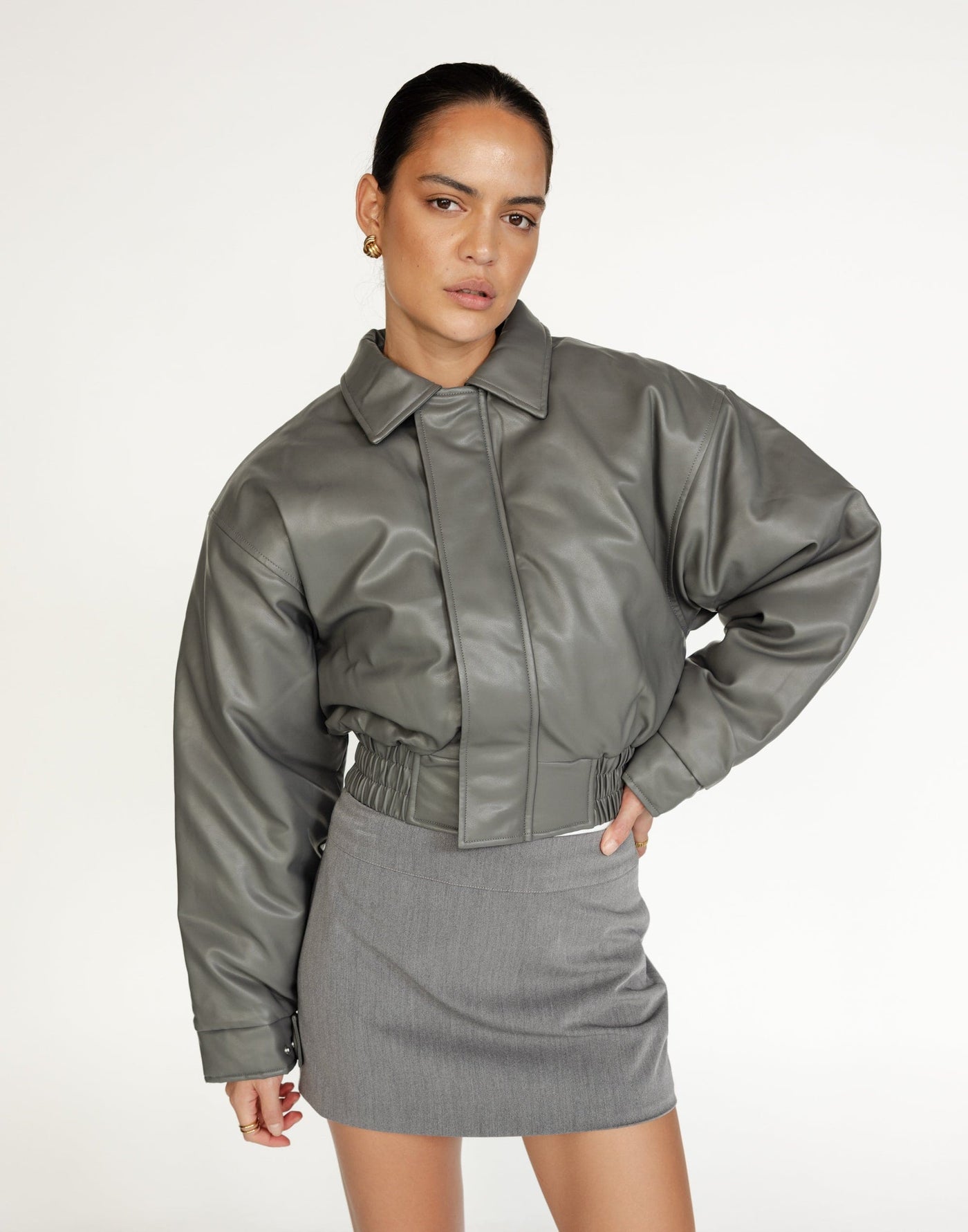 Paloma Bomber Jacket (Slate) | CHARCOAL Exclusive - Cropped Collared Lined Faux Leather Bomber Jacket - Women's Top - Charcoal Clothing