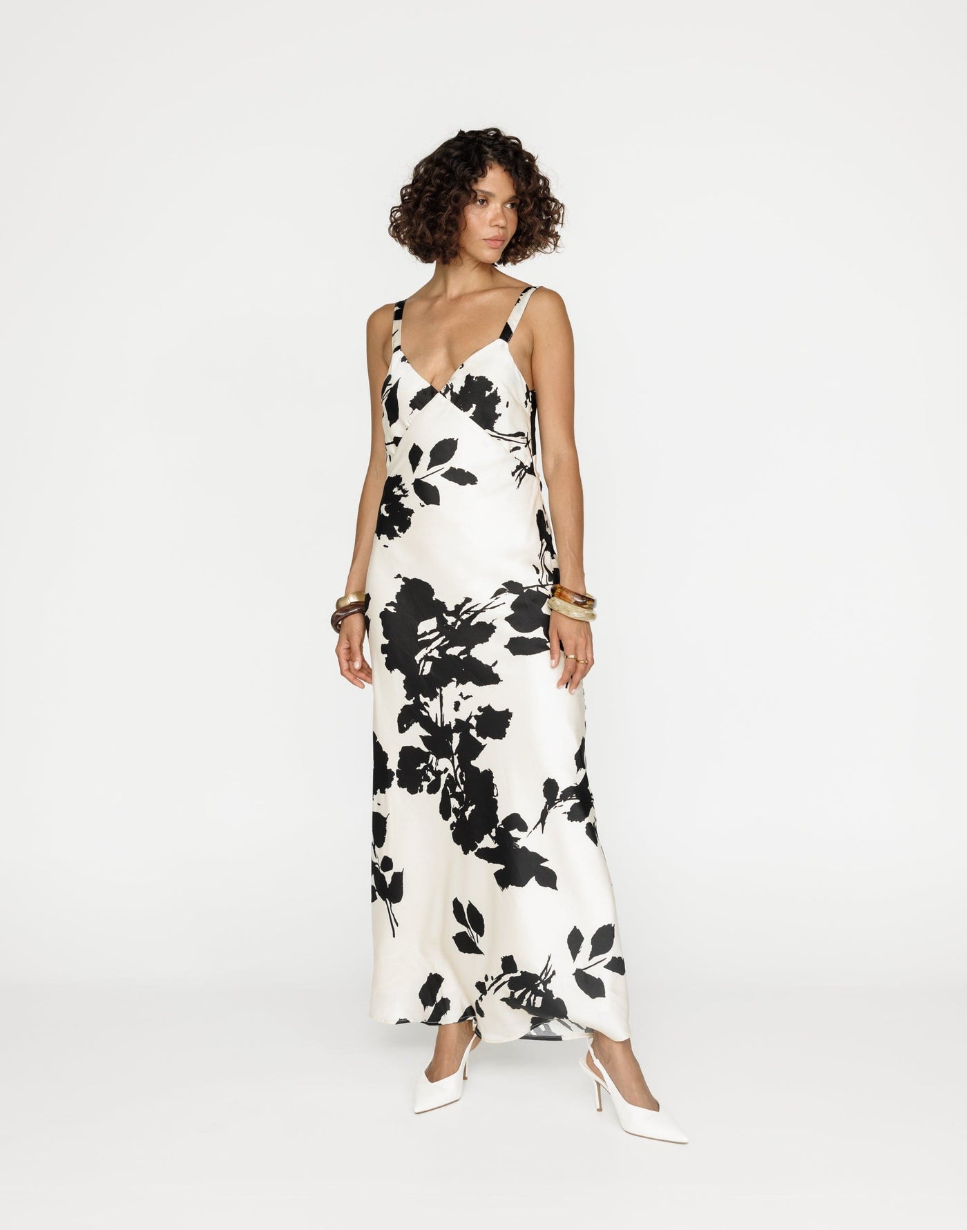 Zaya Maxi Dress (Noir Bloom) | CHARCOAL Exclusive - Black Floral Print V-neck Maxi on Cream Satin - Women's Dress - Charcoal Clothing