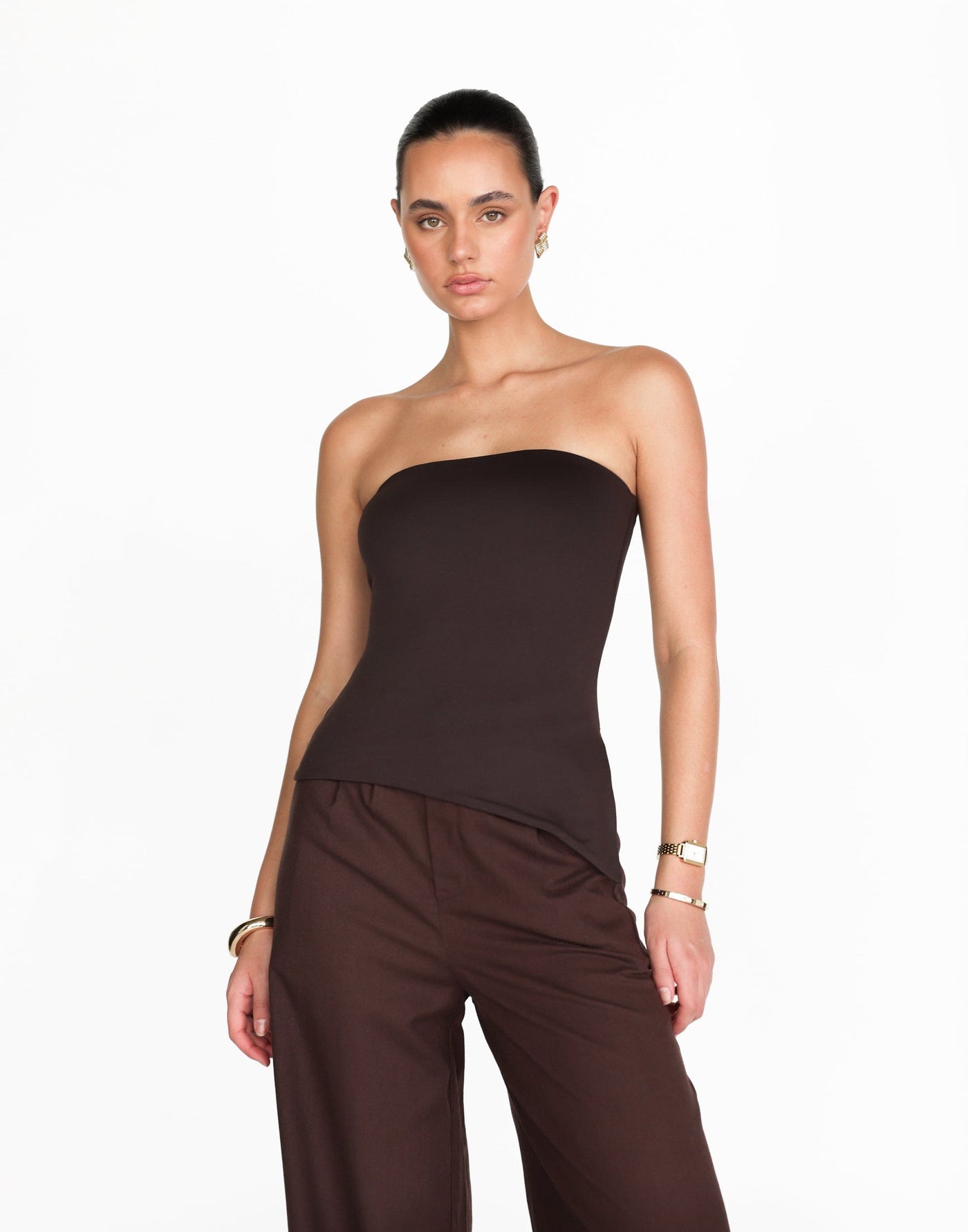 Monique Strapless Top (Chocolate) | Charcoal Exclusive - Bodycon Lined Jersey Asymmetrical Hemline Top - Women's Top - Charcoal Clothing