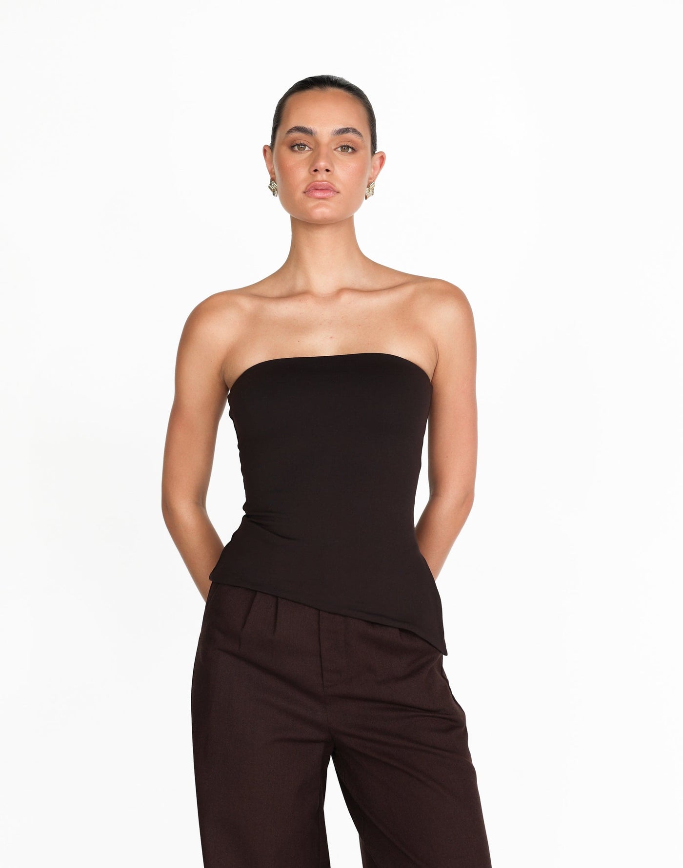 Monique Strapless Top (Chocolate) | Charcoal Exclusive - Bodycon Lined Jersey Asymmetrical Hemline Top - Women's Top - Charcoal Clothing