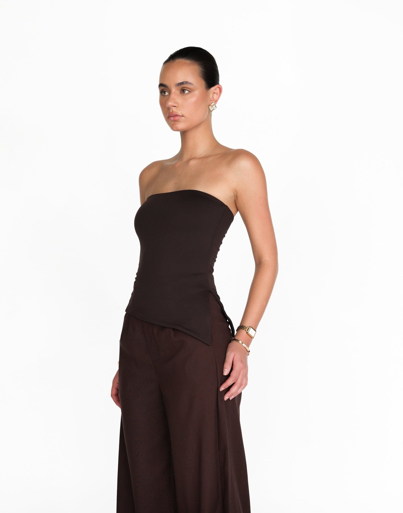 Monique Strapless Top (Chocolate) | Charcoal Exclusive - Bodycon Lined Jersey Asymmetrical Hemline Top - Women's Top - Charcoal Clothing