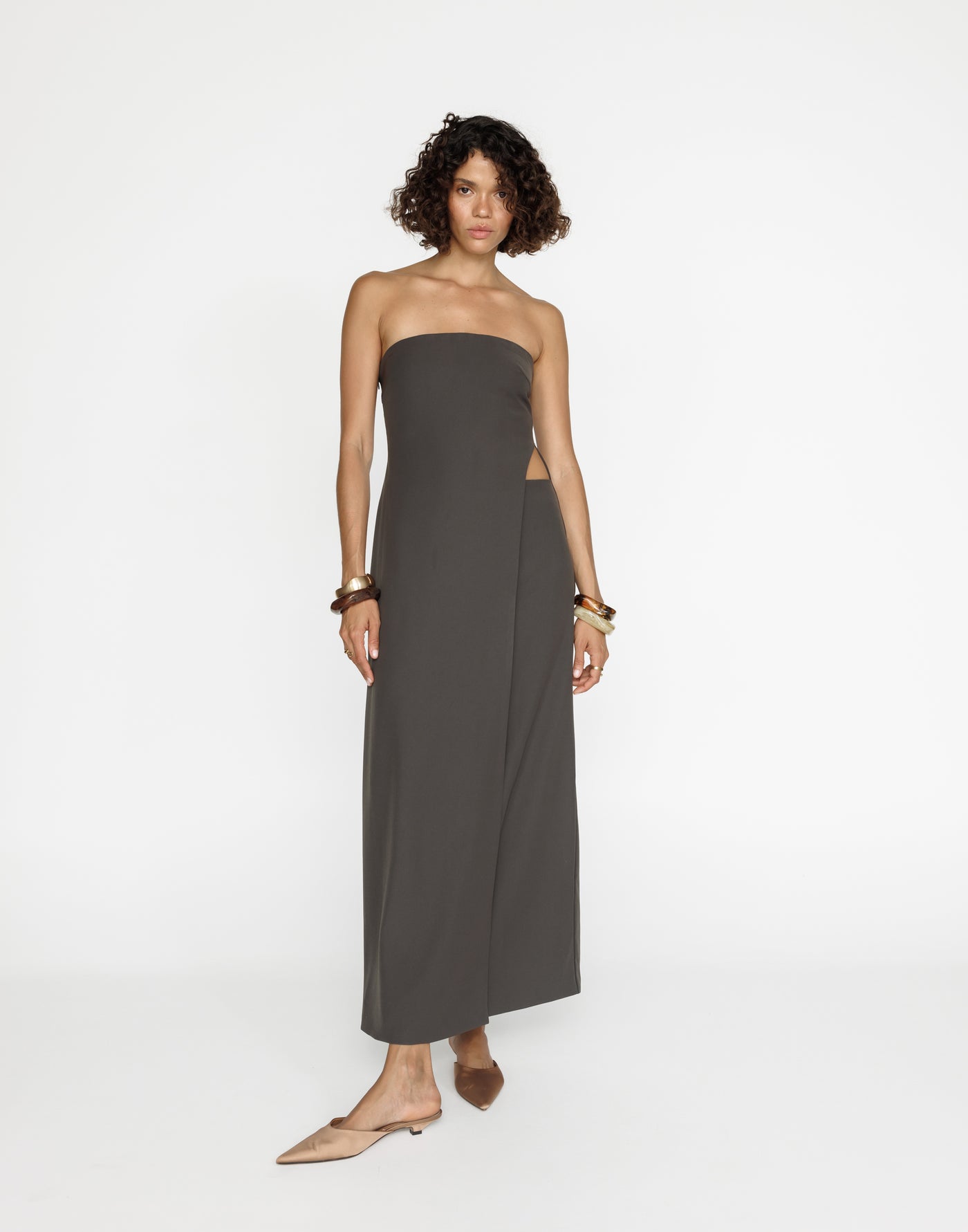 Gabby Maxi Dress (Charcoal) | CHARCOAL Exclusive - Wrapped Look Strapless Suiting Maxi Dress - Women's Dress - Charcoal Clothing