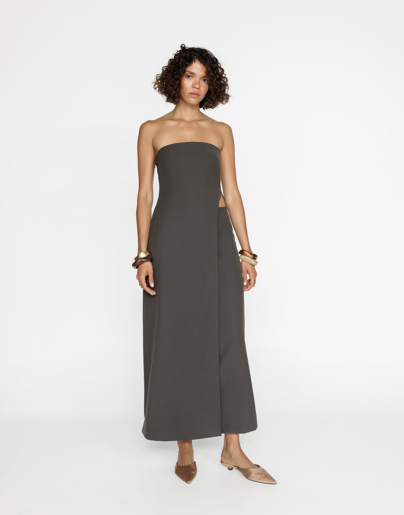 Gabby Maxi Dress (Charcoal) | CHARCOAL Exclusive - Wrapped Look Strapless Suiting Maxi Dress - Women's Dress - Charcoal Clothing