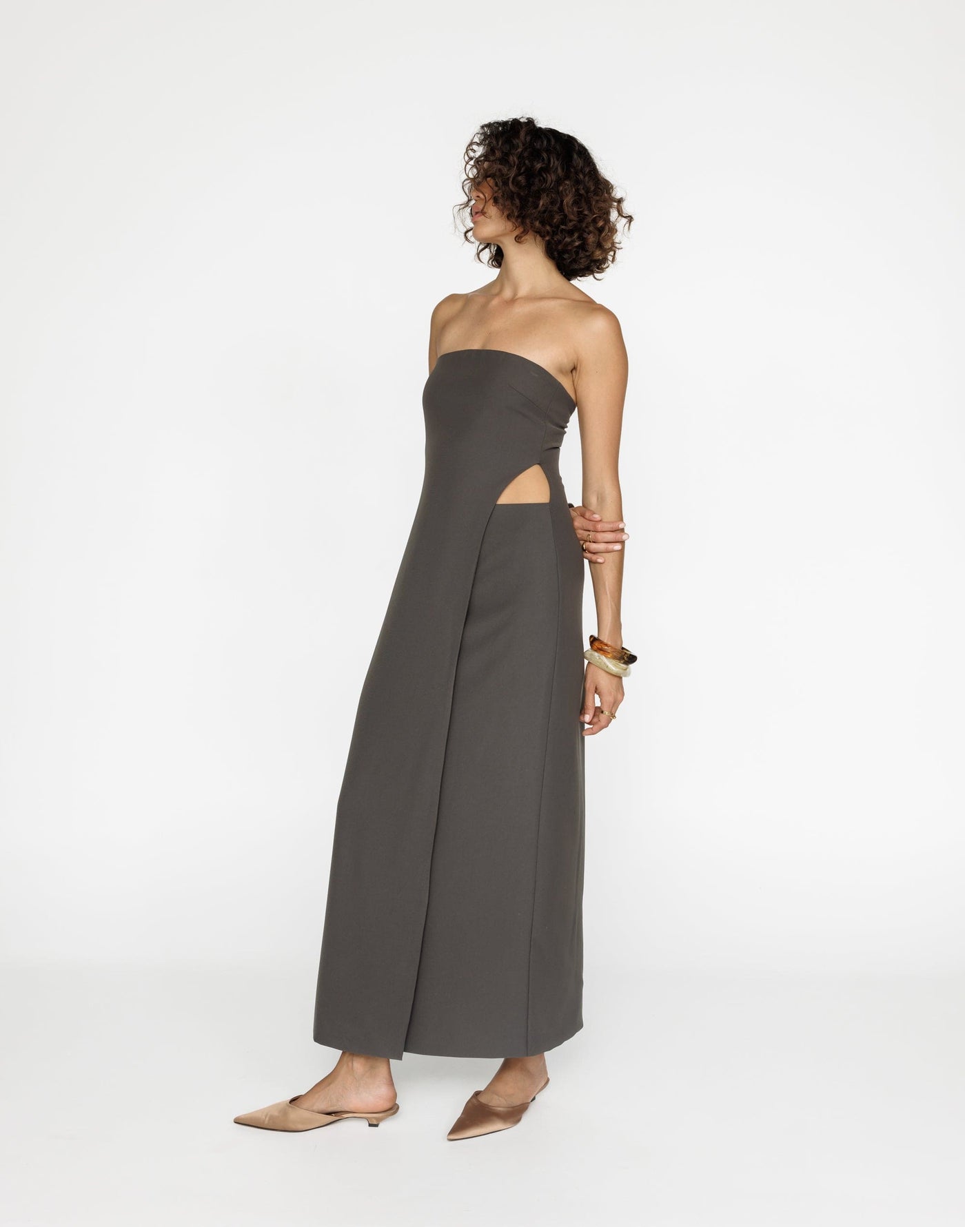 Gabby Maxi Dress (Charcoal) | CHARCOAL Exclusive - Wrapped Look Strapless Suiting Maxi Dress - Women's Dress - Charcoal Clothing