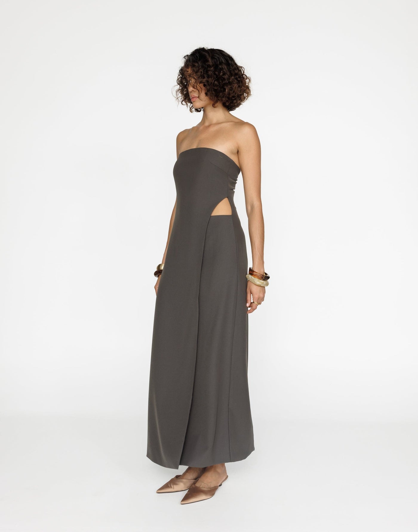 Gabby Maxi Dress (Charcoal) | CHARCOAL Exclusive - Wrapped Look Strapless Suiting Maxi Dress - Women's Dress - Charcoal Clothing