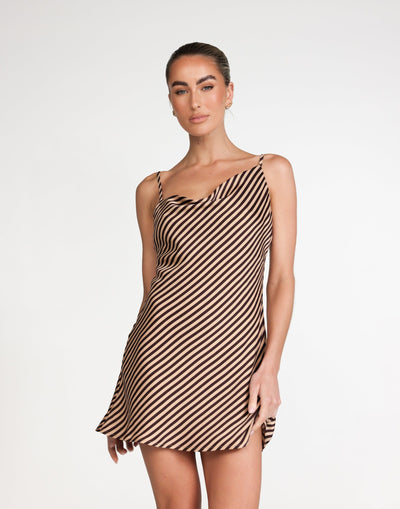 Nigella Mini Dress (Caramel Pinstripe) | CHARCOAL Exclusive - Cowl Neck Asymmetrical Satin Mini Dress - Women's Dress - Charcoal Clothing