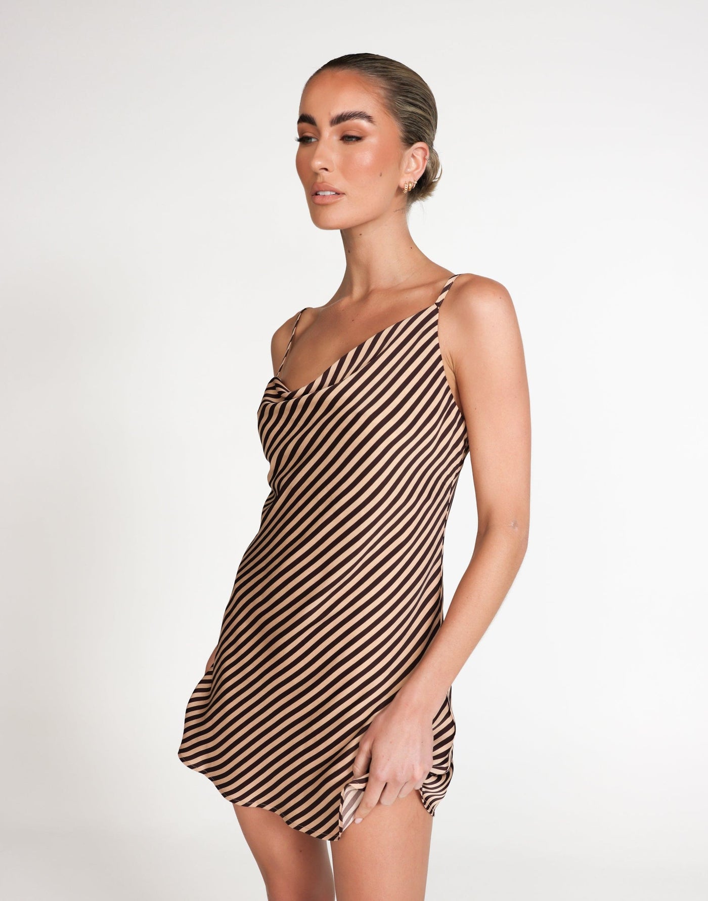 Nigella Mini Dress (Caramel Pinstripe) | CHARCOAL Exclusive - Cowl Neck Asymmetrical Satin Mini Dress - Women's Dress - Charcoal Clothing