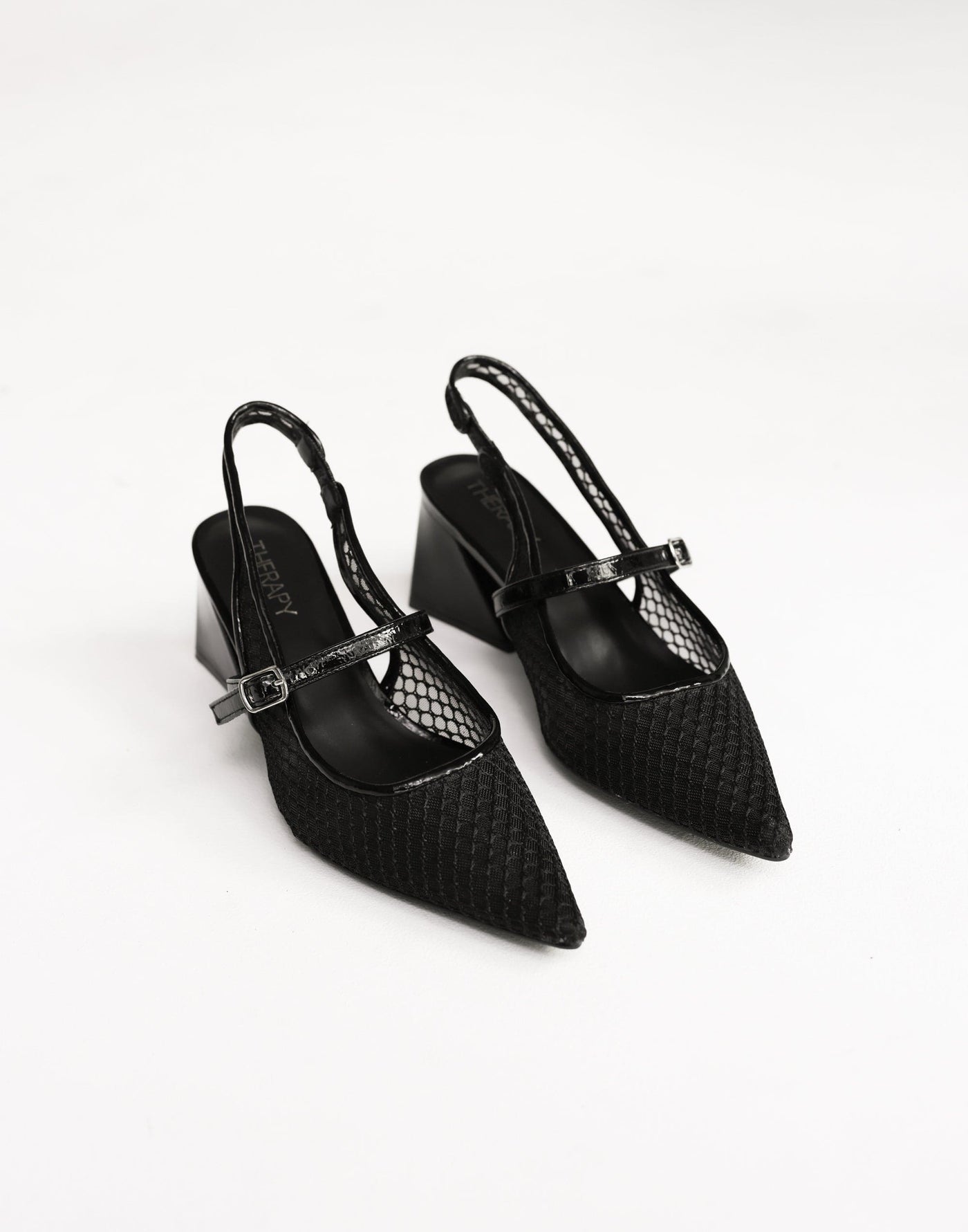 Severe Heels (Black Patent) - By Therapy - Pointed Toe Block Heel Slingback Heel - Women's Shoes - Charcoal Clothing