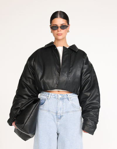 Paloma Bomber Jacket (Black) | CHARCOAL Exclusive - Cropped Collared Lined Faux Leather Bomber Jacket - Women's Top - Charcoal Clothing