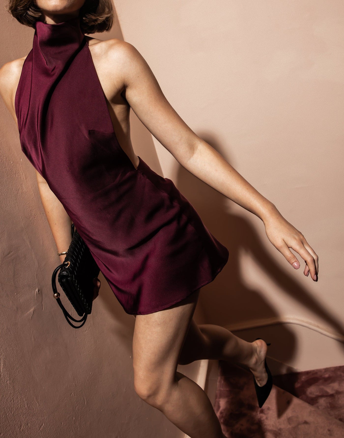 Clara Mini Dress (Plum) | CHARCOAL Exclusive - High Neck, Low Open Back - Women's Dress - Charcoal Clothing