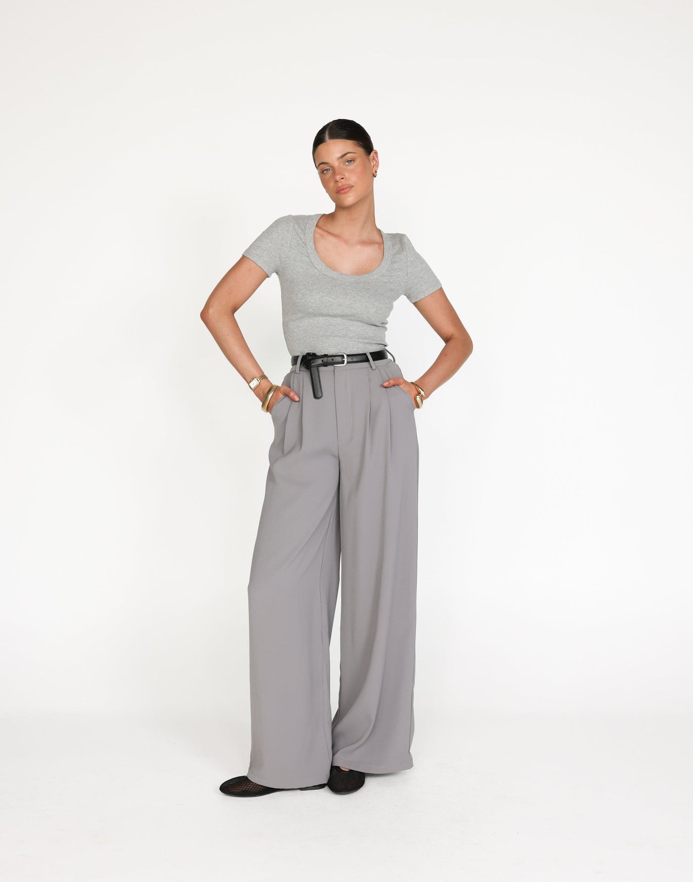 Chicago Pants (Grey) - High Rise Tailored Wide Leg Pants - Women's Pants - Charcoal Clothing