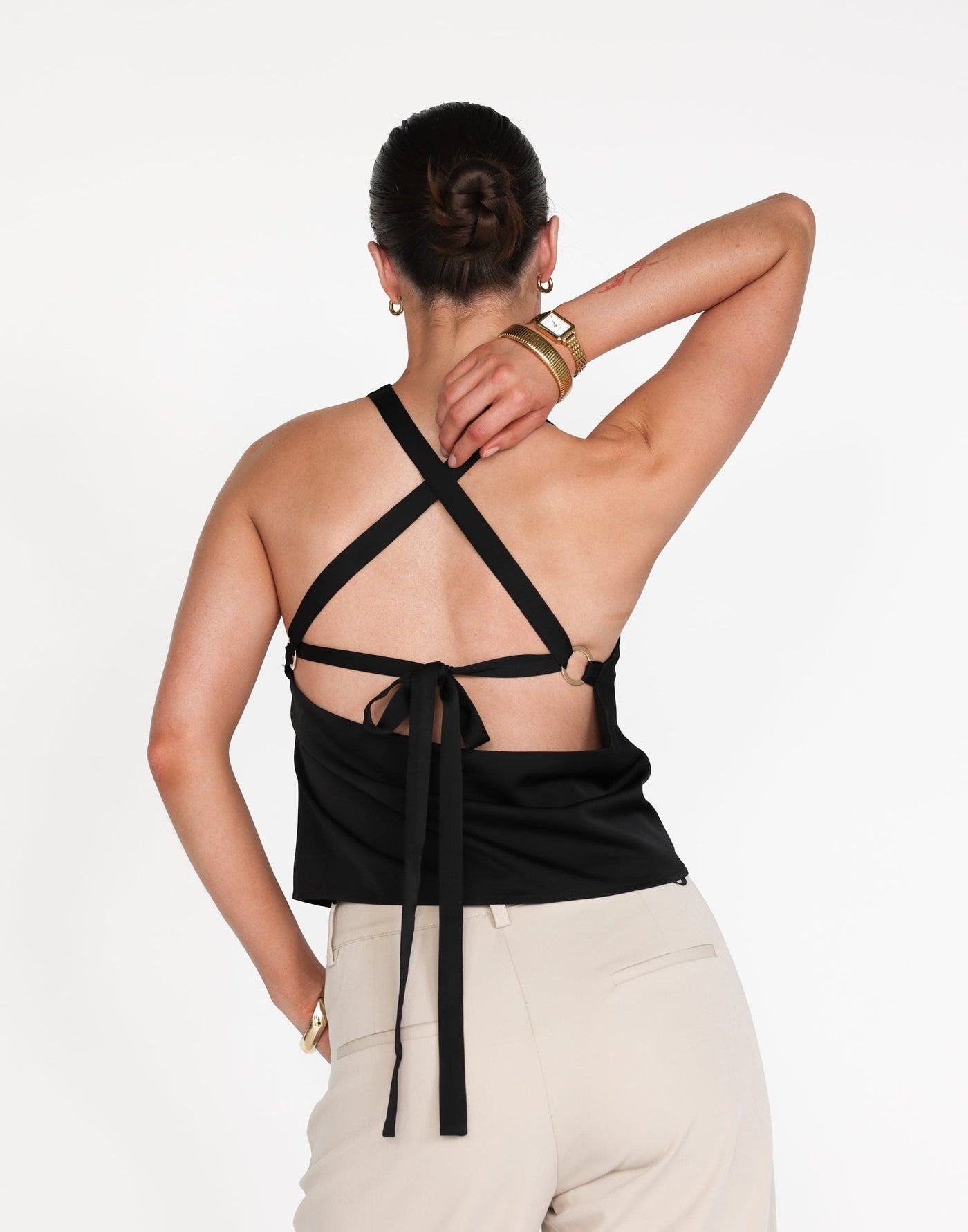 Neriah Top (Black) | CHARCOAL Exclusive - Satin Open Back Relaxed Fit Top - Women's Top - Charcoal Clothing