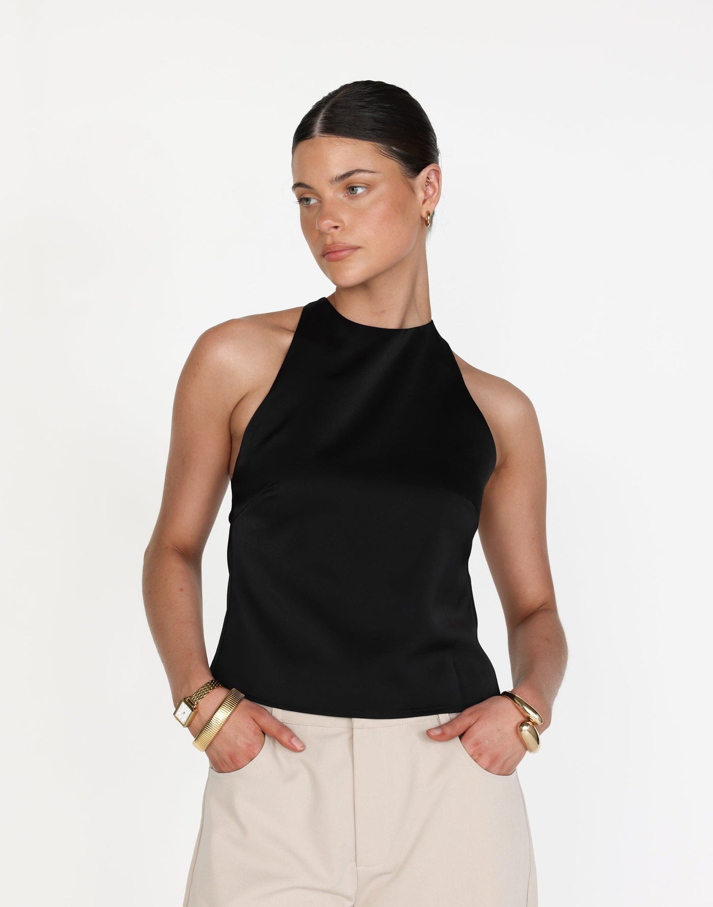 Neriah Top (Black) | CHARCOAL Exclusive - Satin Open Back Relaxed Fit Top - Women's Top - Charcoal Clothing