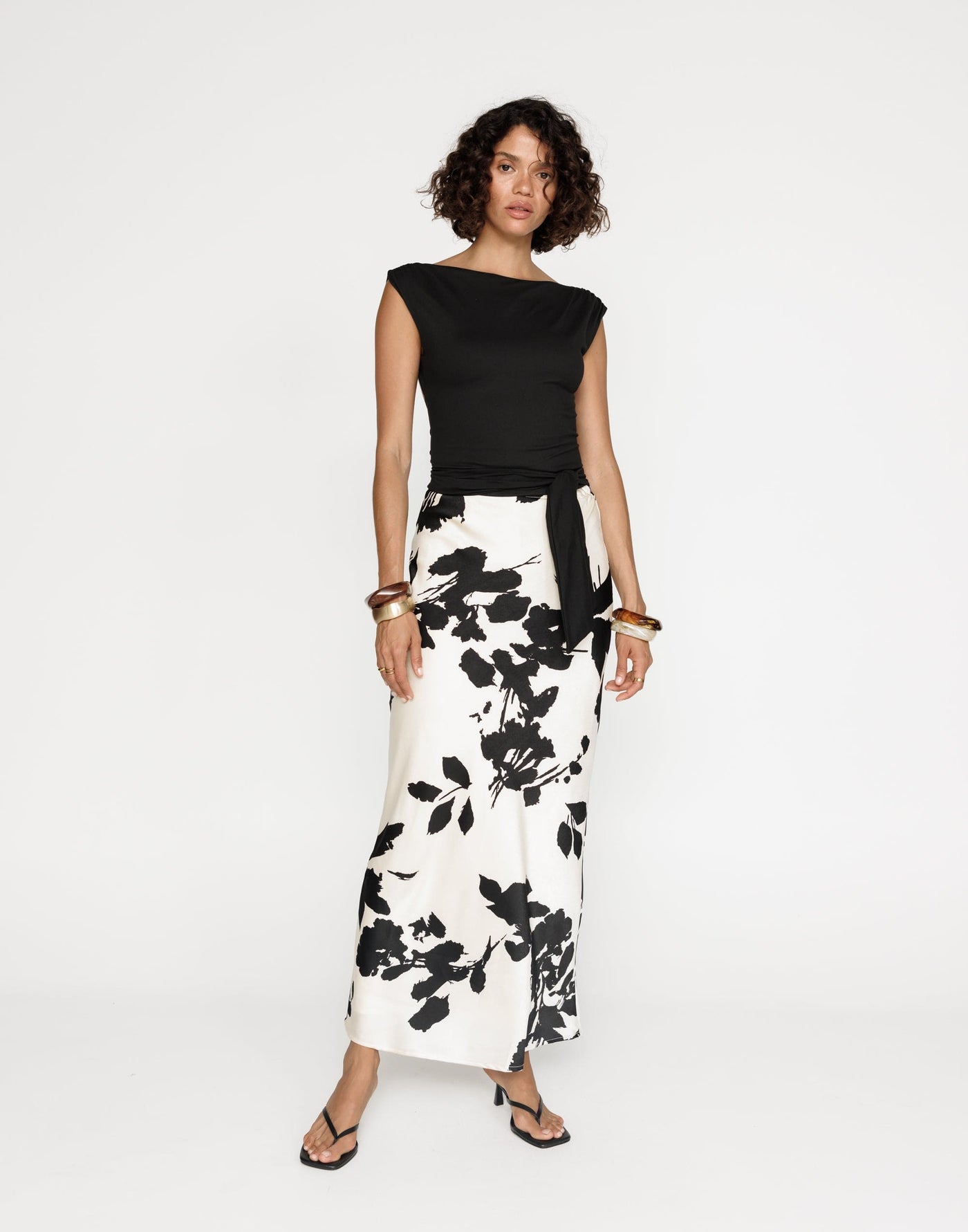 Zaya Maxi Skirt (Noir Bloom) | CHARCOAL Exclusive - Black Floral Print Maxi Skirt on Cream Satin - Women's Skirt - Charcoal Clothing