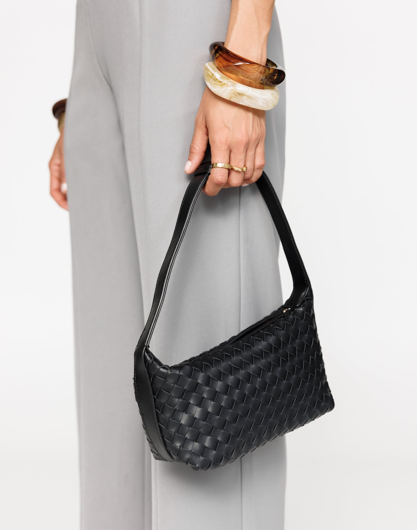 Isabelle Handle Bag (Black) - By Billini - Woven Detail Handle Bag - Women's Accessories - Charcoal Clothing