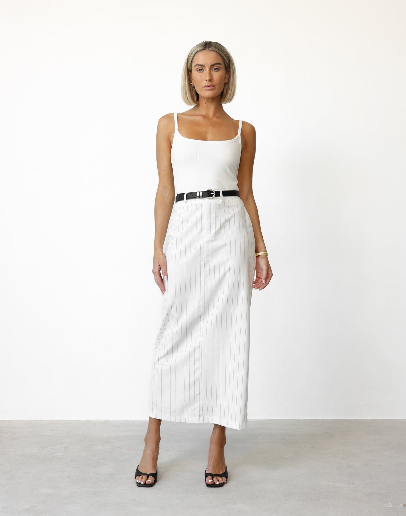 Charlie Maxi Skirt (White Pinstripe) | CHARCOAL Exclusive - High Waisted Split Back Maxi Skirt - Women's Skirt - Charcoal Clothing