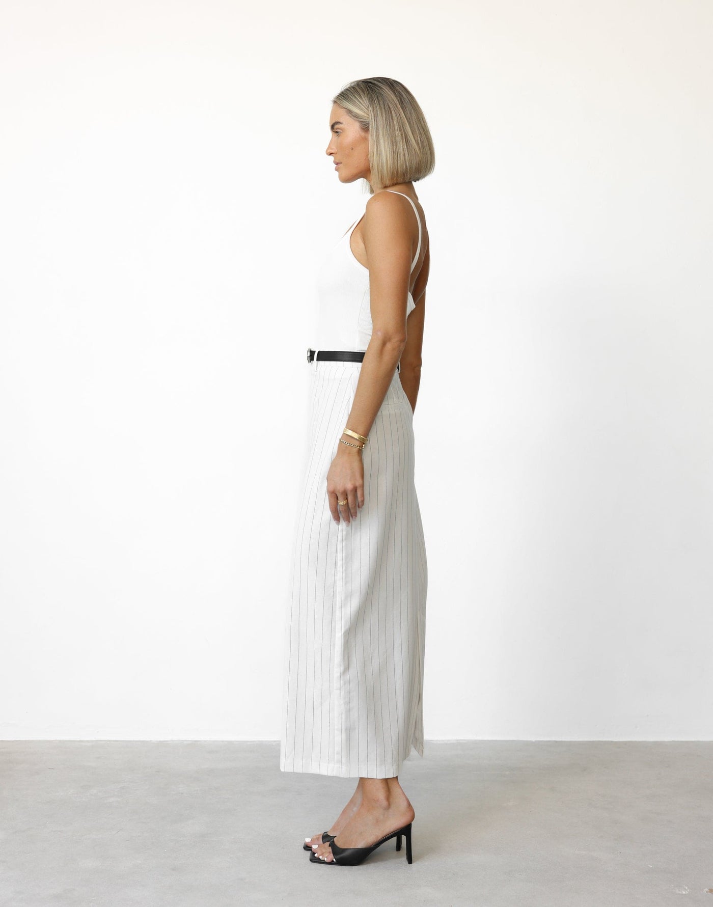 Charlie Maxi Skirt (White Pinstripe) | CHARCOAL Exclusive - High Waisted Split Back Maxi Skirt - Women's Skirt - Charcoal Clothing