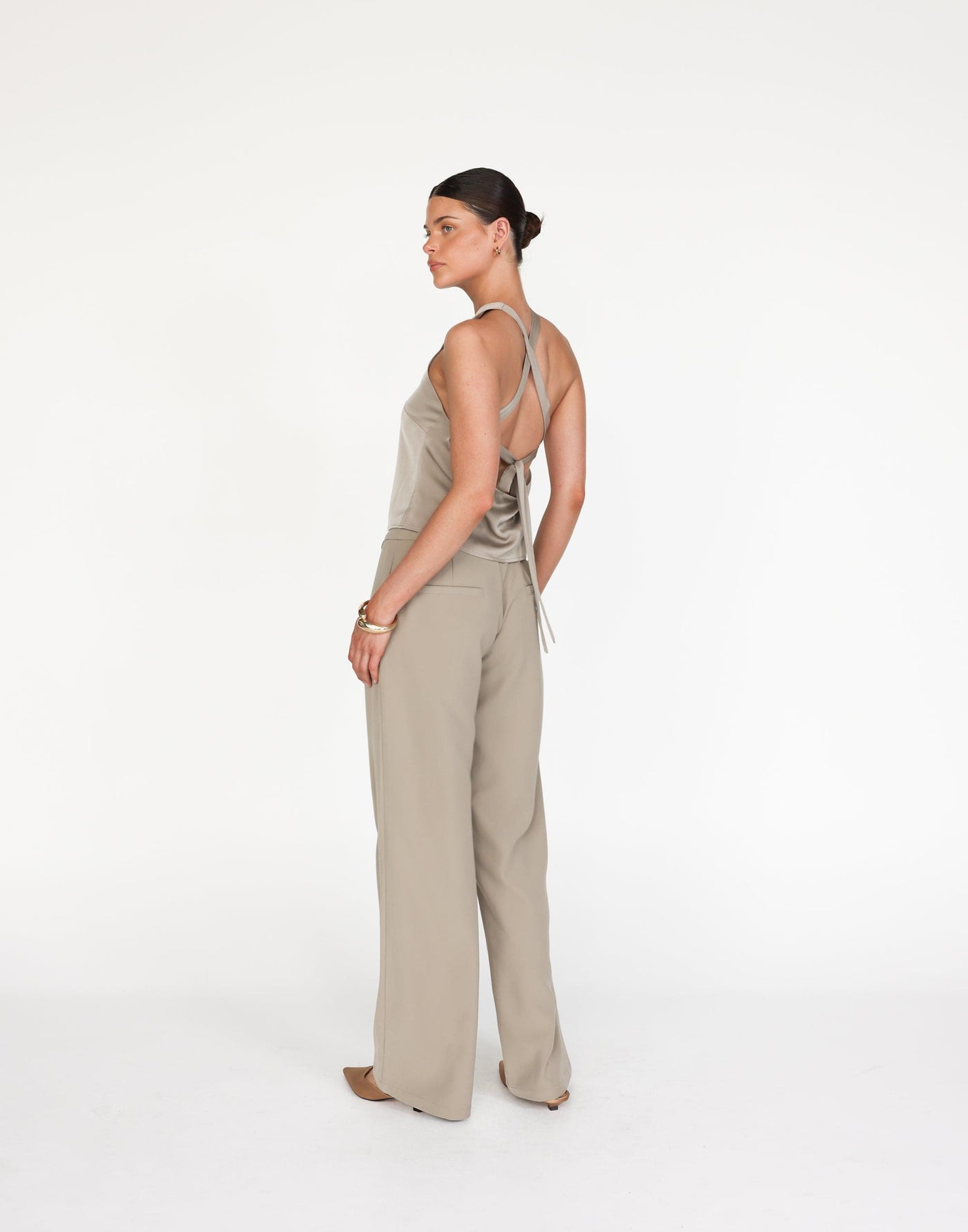 Neriah Top (Dusty Sage) | CHARCOAL Exclusive - Satin Open Back Relaxed Fit Top - Women's Top - Charcoal Clothing