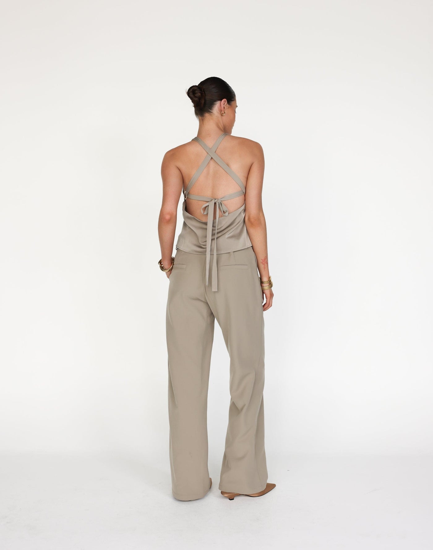 Neriah Top (Dusty Sage) | CHARCOAL Exclusive - Satin Open Back Relaxed Fit Top - Women's Top - Charcoal Clothing