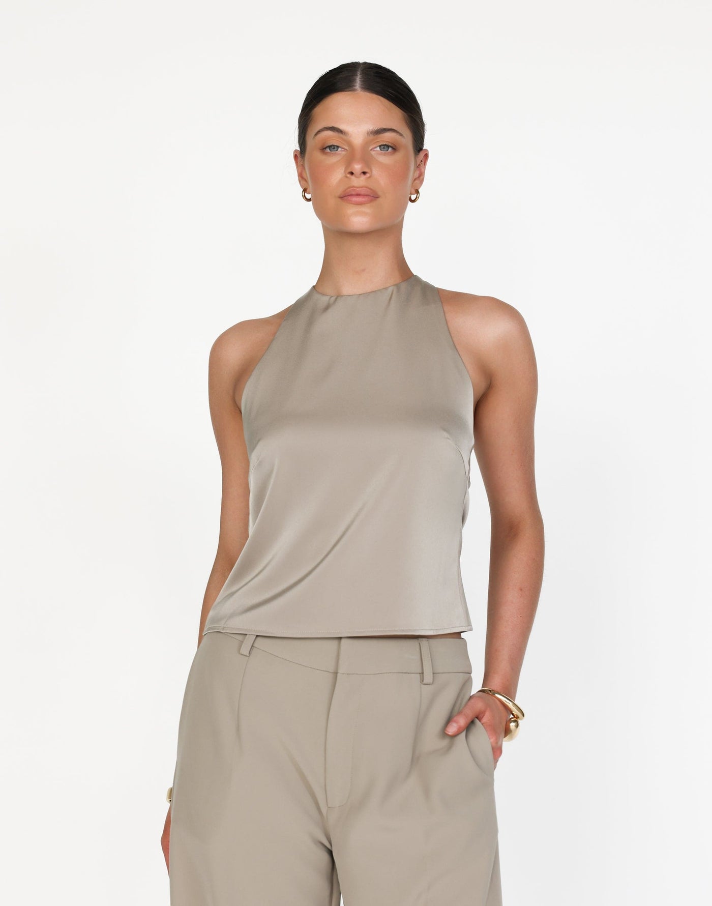 Neriah Top (Dusty Sage) | CHARCOAL Exclusive - Satin Open Back Relaxed Fit Top - Women's Top - Charcoal Clothing