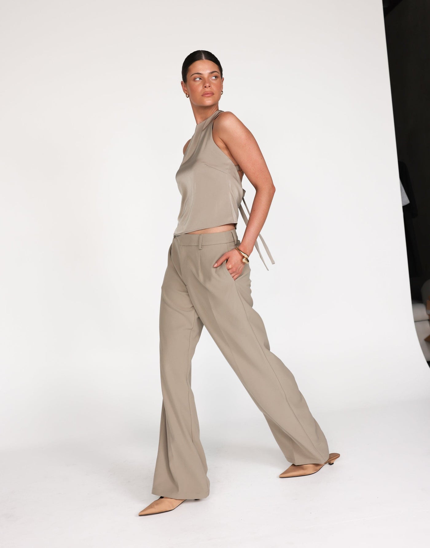 Neriah Top (Dusty Sage) | CHARCOAL Exclusive - Satin Open Back Relaxed Fit Top - Women's Top - Charcoal Clothing