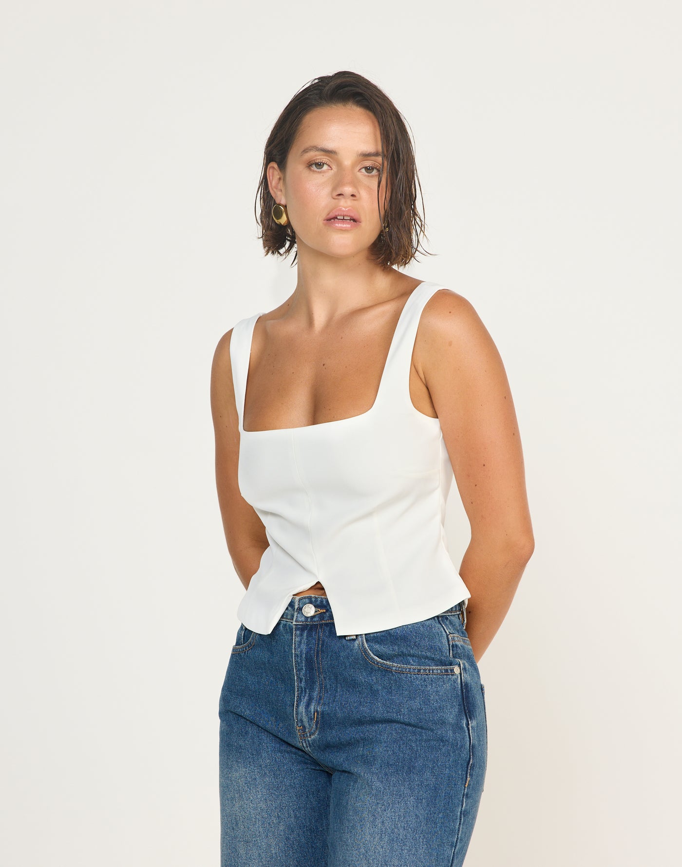 Nerissa Top (White) | CHARCOAL EXCLUSIVE - Fitted Suiting Longline Top - Women's Top - Charcoal Clothing