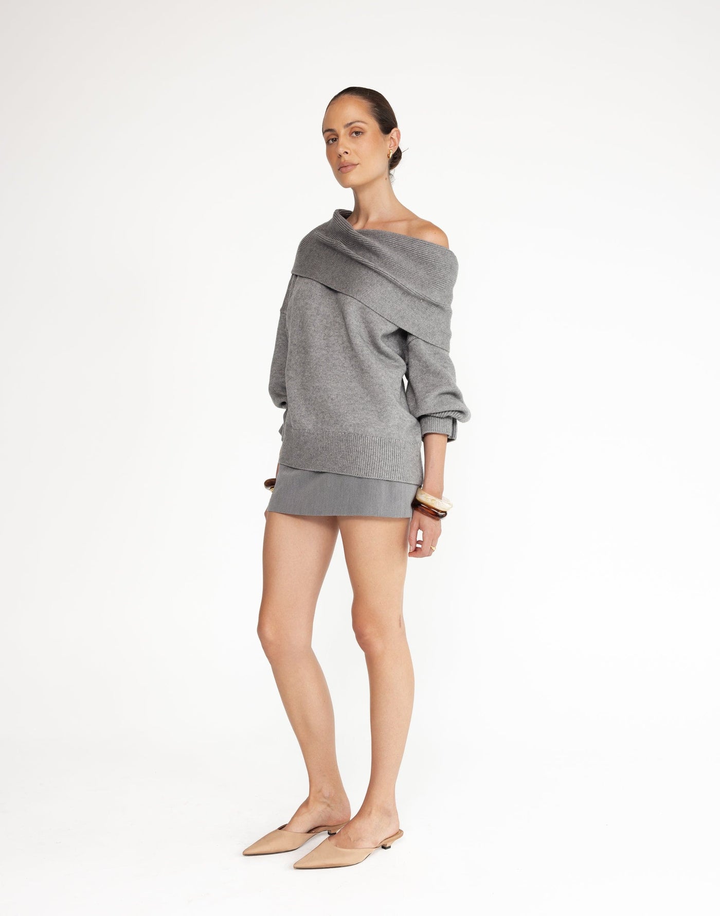 Sabine Jumper (Slate) | CHARCOAL Exclusive - Off the Shoulder Relaxed Fit Jumper/Sweater - Women's Top - Charcoal Clothing