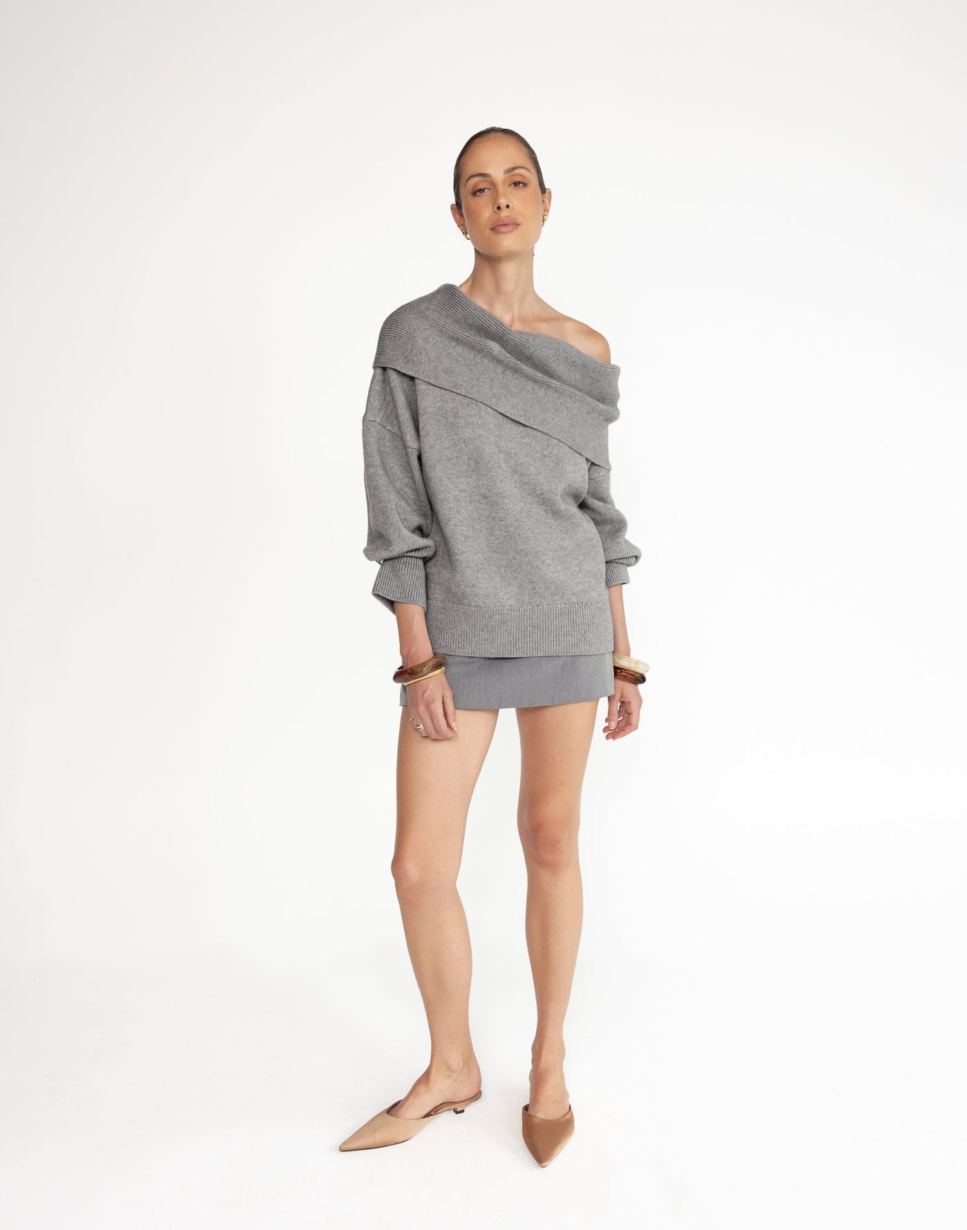 Sabine Jumper (Slate) | CHARCOAL Exclusive - Off the Shoulder Relaxed Fit Jumper/Sweater - Women's Top - Charcoal Clothing