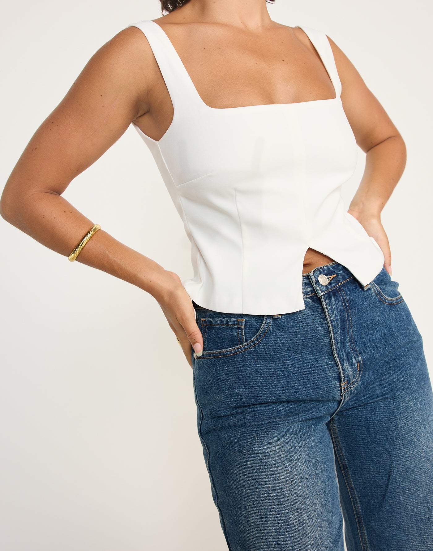 Nerissa Top (White) | CHARCOAL EXCLUSIVE - Fitted Suiting Longline Top - Women's Top - Charcoal Clothing