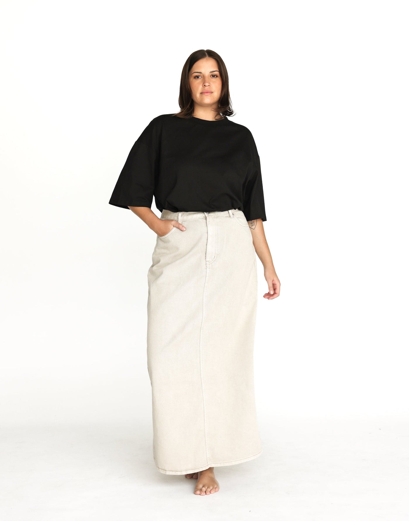 Tyler Denim Maxi Skirt (Vintage Stone) | CHARCOAL Exclusive - Low to High Rise Centre Back Split Maxi Skirt - Women's Skirt - Charcoal Clothing