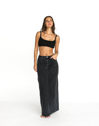 Tyler Denim Maxi Skirt (Vintage Black) | CHARCOAL Exclusive - Low to High Rise Centre Back Split Maxi Skirt - Women's Skirt - Charcoal Clothing