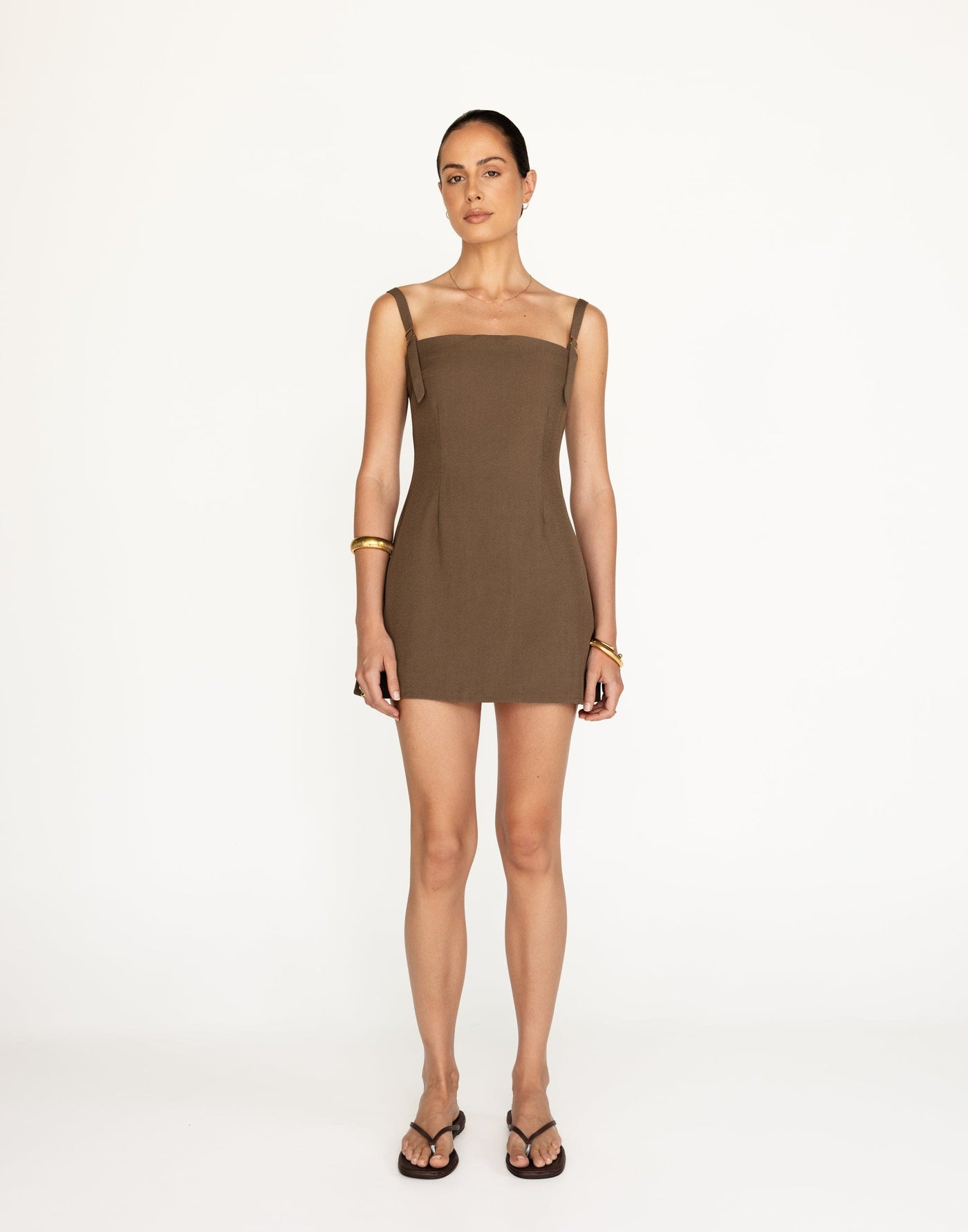 Dominique Mini Dress (Coffee) | CHARCOAL Exclusive - Straight Neckline Fitted Waist Mini - Women's Dress - Charcoal Clothing