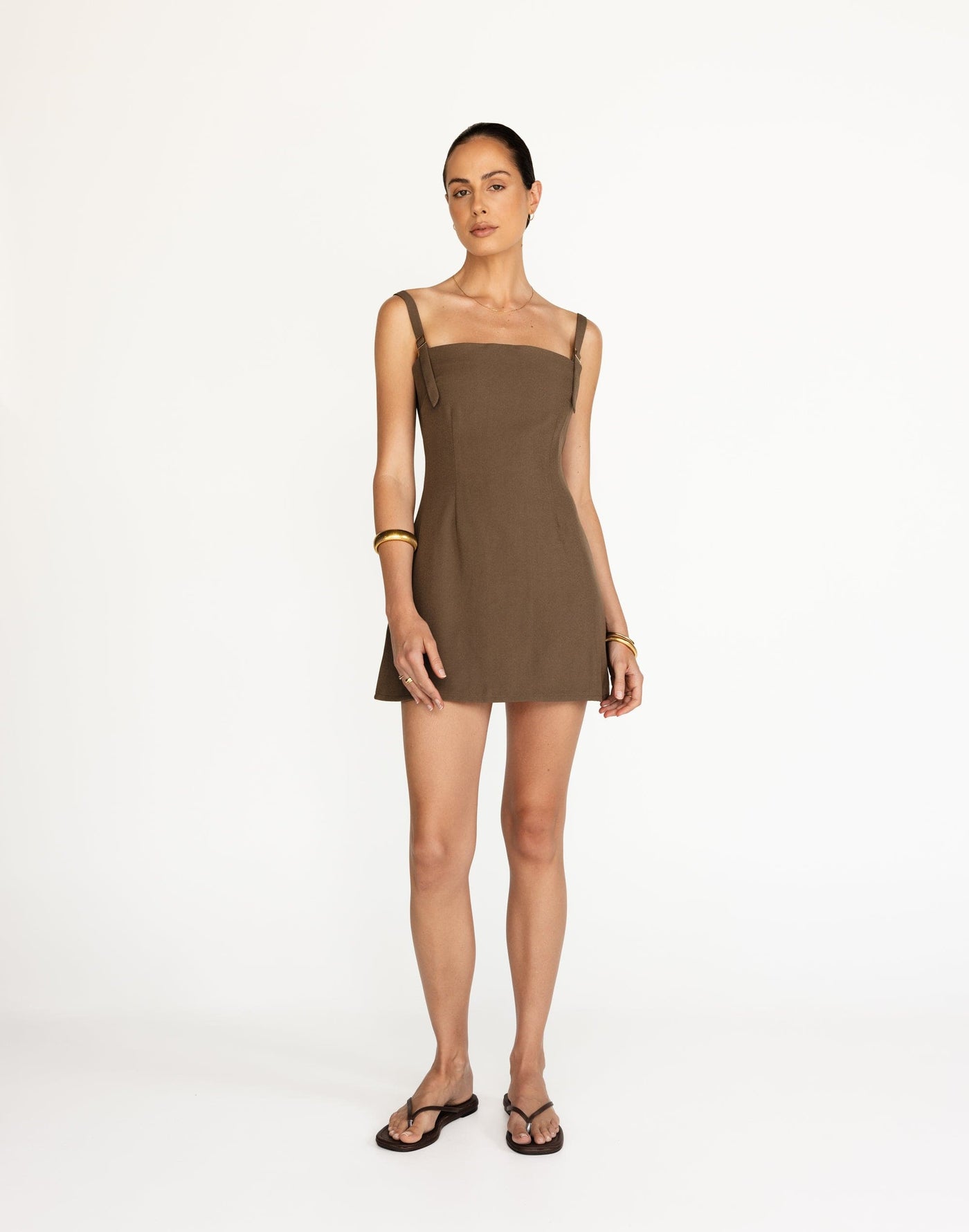 Dominique Mini Dress (Coffee) | CHARCOAL Exclusive - Straight Neckline Fitted Waist Mini - Women's Dress - Charcoal Clothing