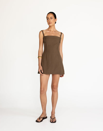 Dominique Mini Dress (Coffee) | CHARCOAL Exclusive - Straight Neckline Fitted Waist Mini - Women's Dress - Charcoal Clothing