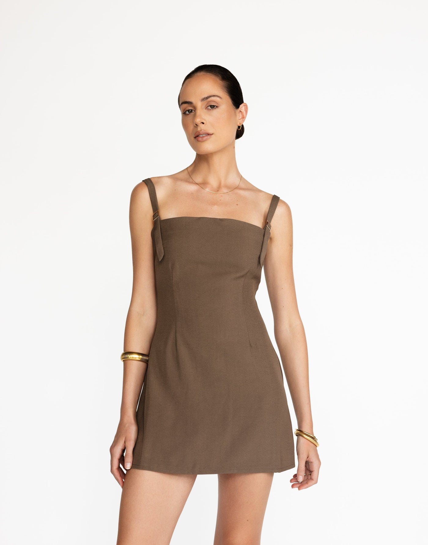 Dominique Mini Dress (Coffee) | CHARCOAL Exclusive - Straight Neckline Fitted Waist Mini - Women's Dress - Charcoal Clothing