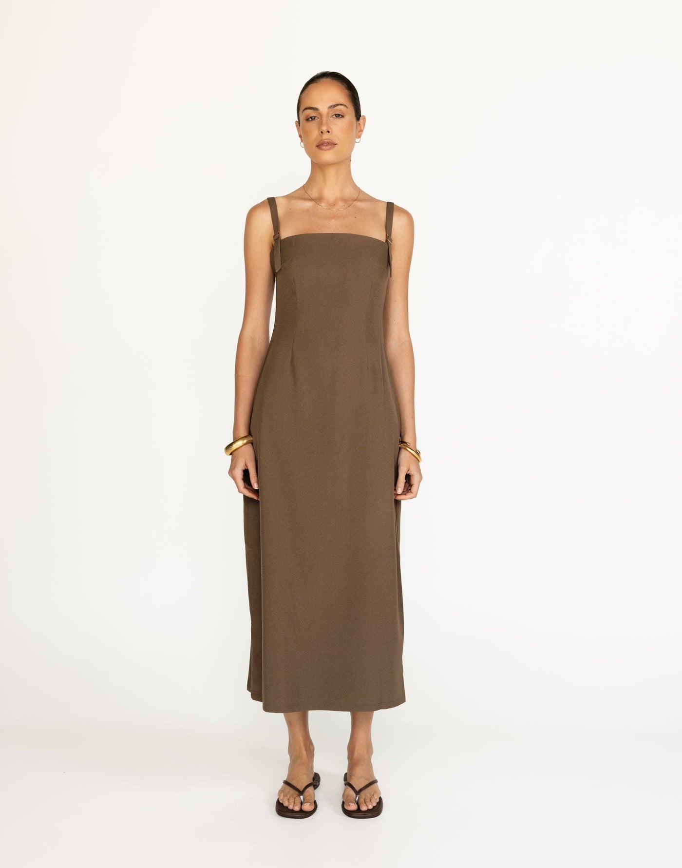 Dominique Maxi Dress (Coffee) | CHARCOAL Exclusive - Straight Neckline Fitted Waist Maxi - Women's Dress - Charcoal Clothing