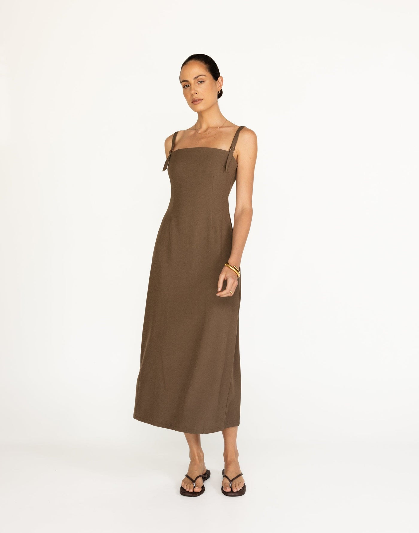 Dominique Maxi Dress (Coffee) | CHARCOAL Exclusive - Straight Neckline Fitted Waist Maxi - Women's Dress - Charcoal Clothing