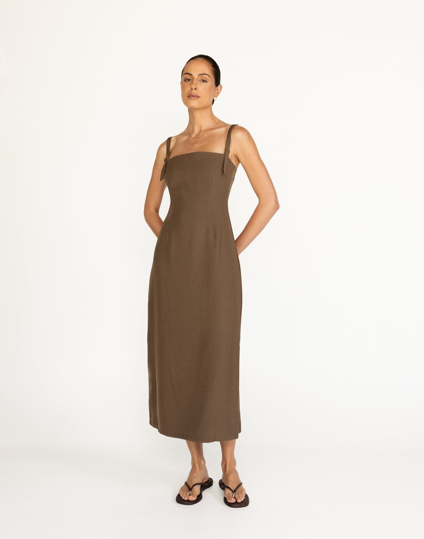 Dominique Maxi Dress (Coffee) | CHARCOAL Exclusive - Straight Neckline Fitted Waist Maxi - Women's Dress - Charcoal Clothing