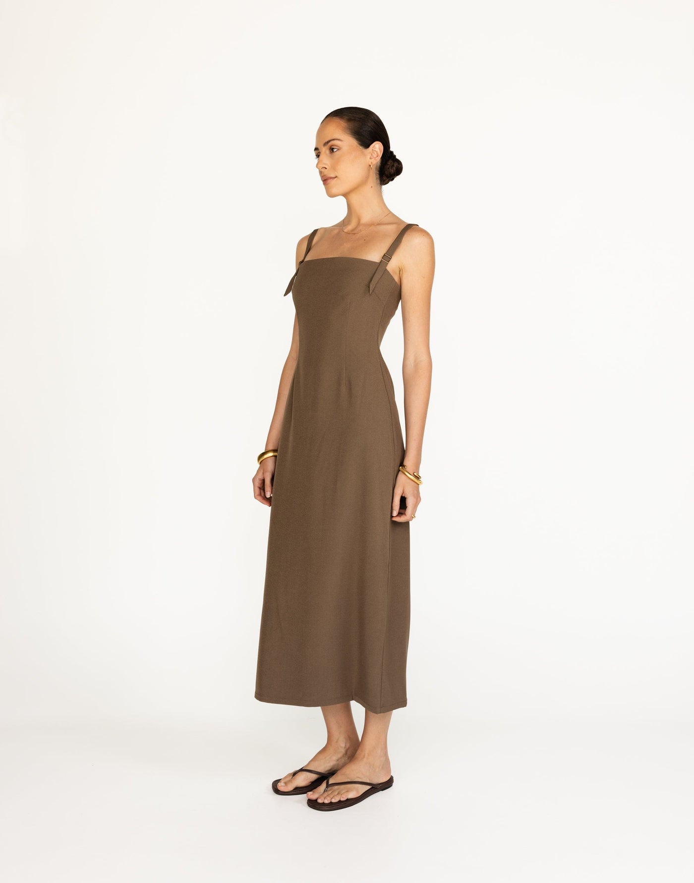 Dominique Maxi Dress (Coffee) | CHARCOAL Exclusive - Straight Neckline Fitted Waist Maxi - Women's Dress - Charcoal Clothing