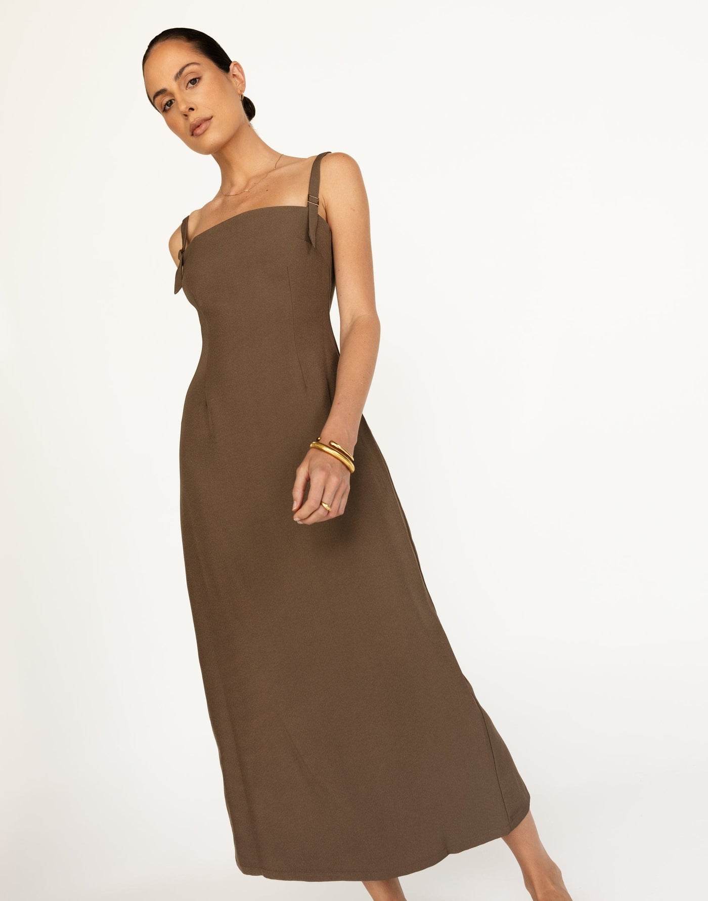 Dominique Maxi Dress (Coffee) | CHARCOAL Exclusive - Straight Neckline Fitted Waist Maxi - Women's Dress - Charcoal Clothing