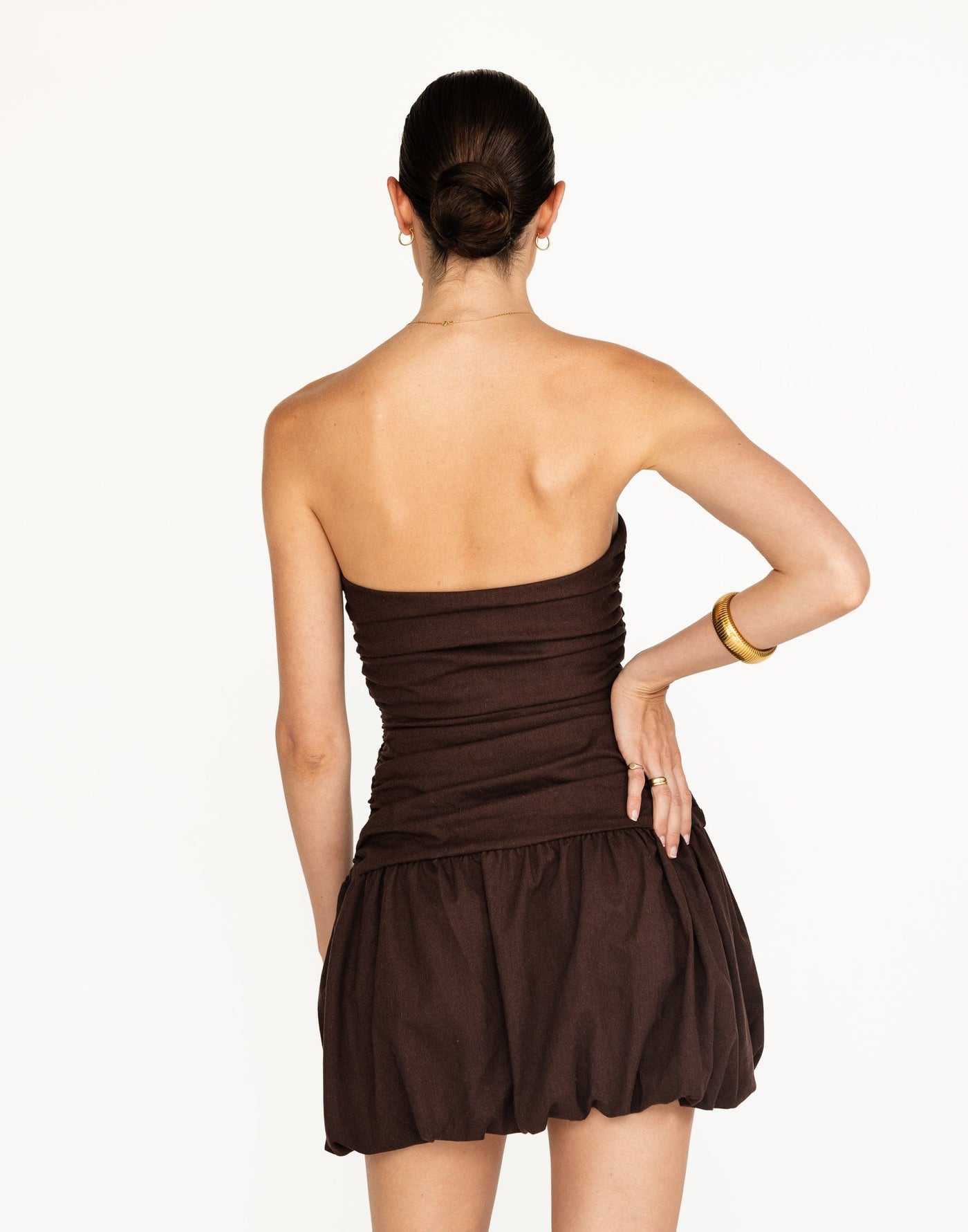 Yagya Mini Dress (Chocolate) | CHARCOAL Exclusive - Ruched Strapless Bubble Skirt Mini - Women's Dress - Charcoal Clothing