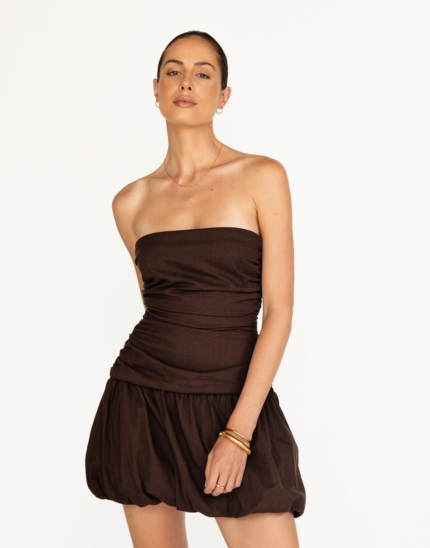 Yagya Mini Dress (Chocolate) | CHARCOAL Exclusive - Ruched Strapless Bubble Skirt Mini - Women's Dress - Charcoal Clothing