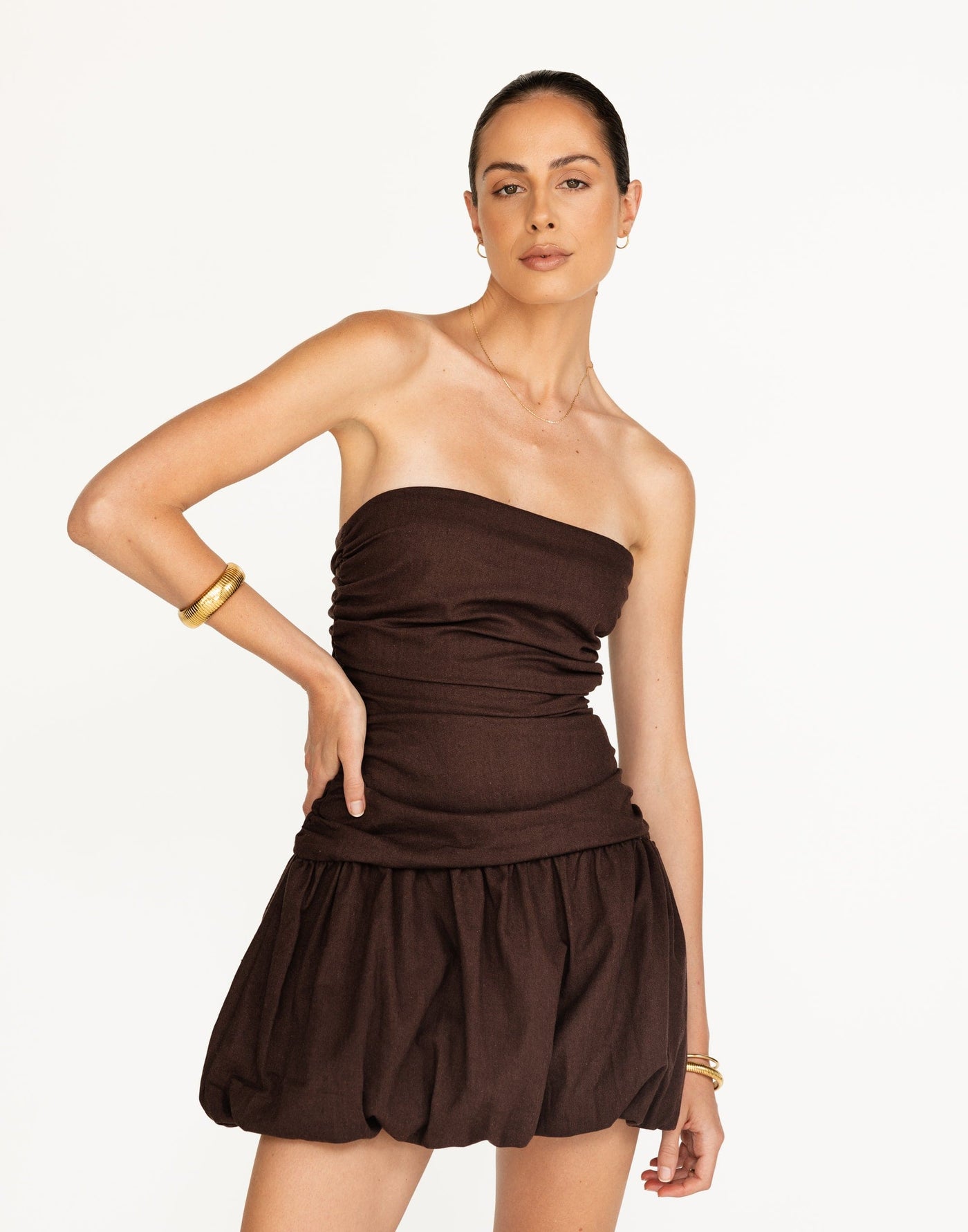 Yagya Mini Dress (Chocolate) | CHARCOAL Exclusive - Ruched Strapless Bubble Skirt Mini - Women's Dress - Charcoal Clothing